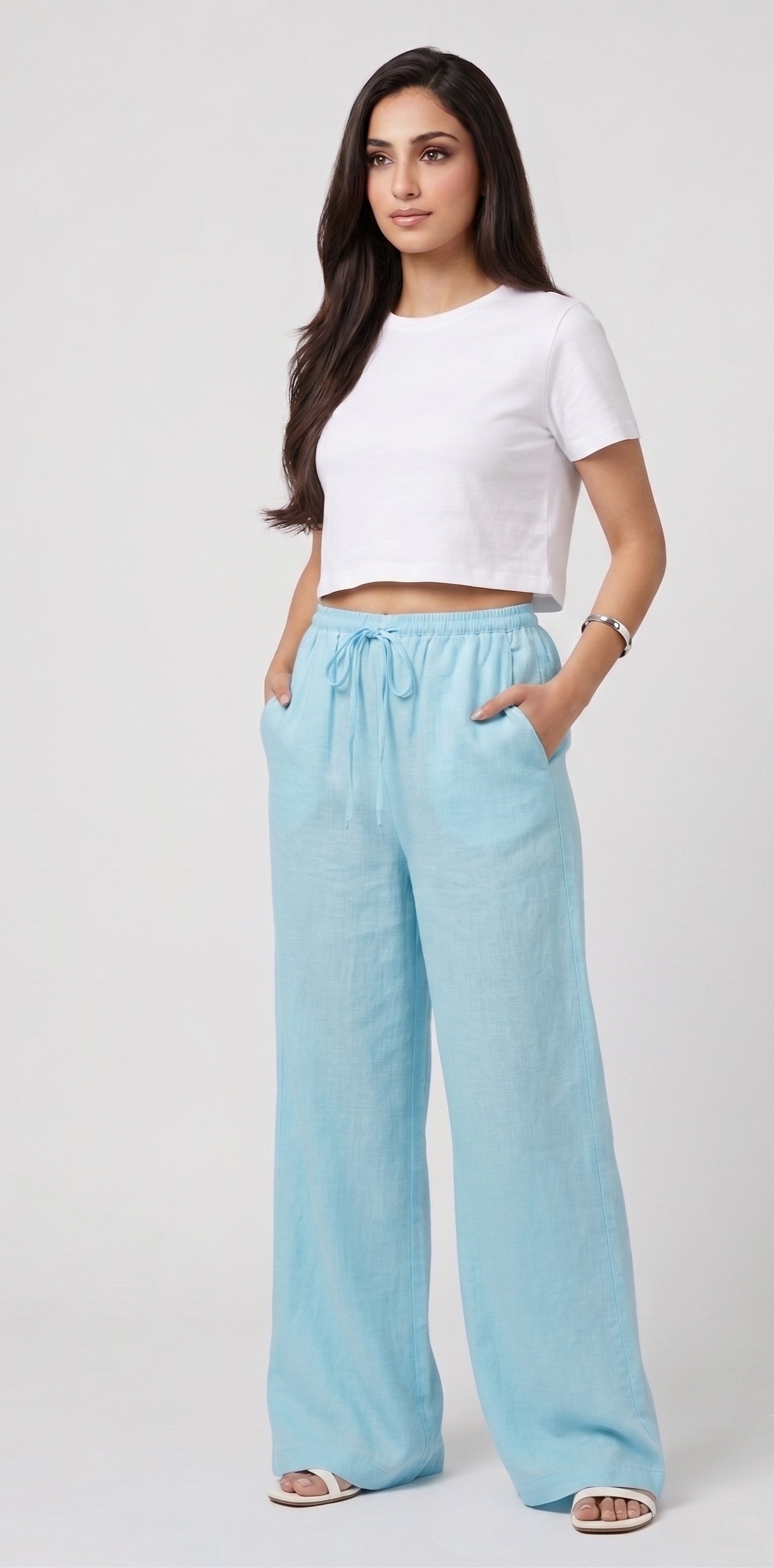 Pantalon Effet Lin Bleu Pastel