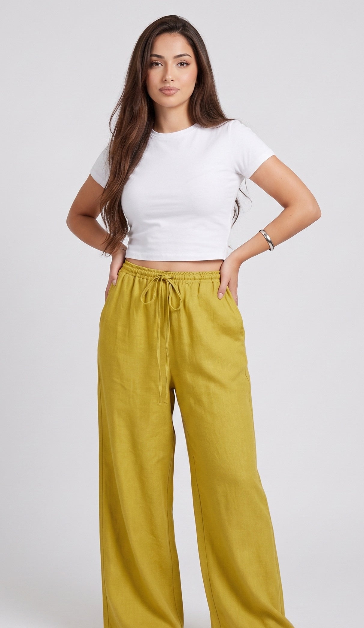Pantalon Effet Lin Vert Kiwi