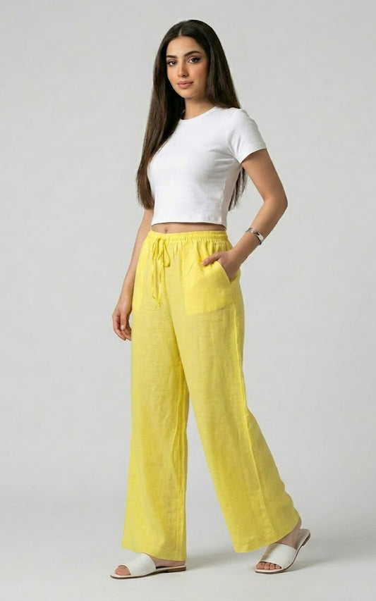 Pantalon Effet Lin Jaune