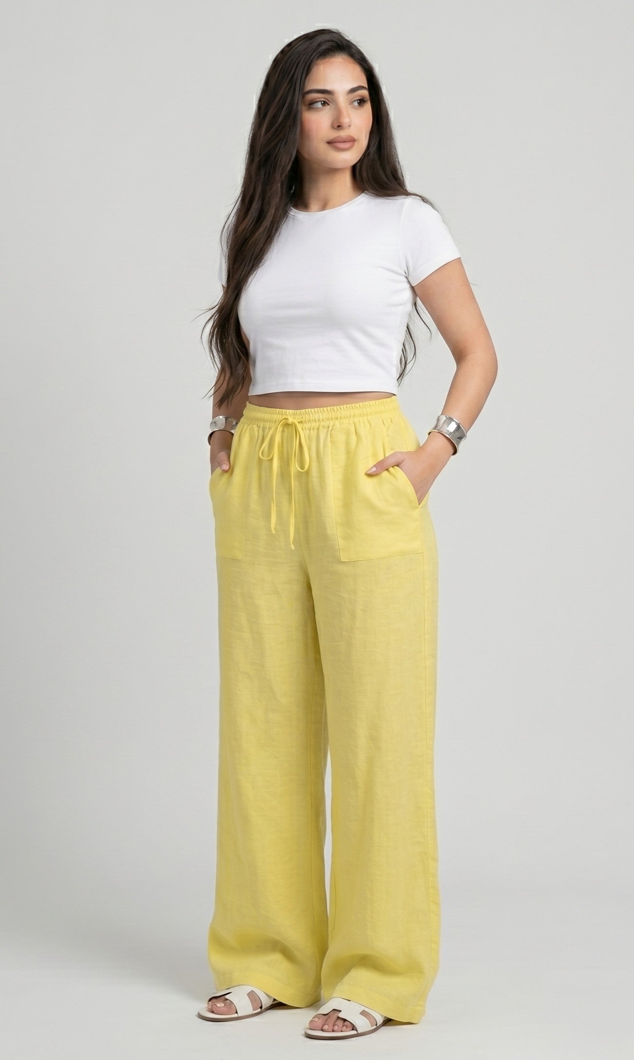 Pantalon Effet Lin Jaune