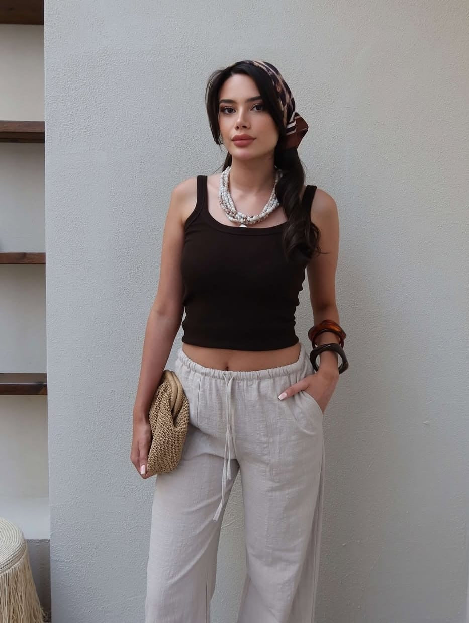 Pantalon effet lin Beige