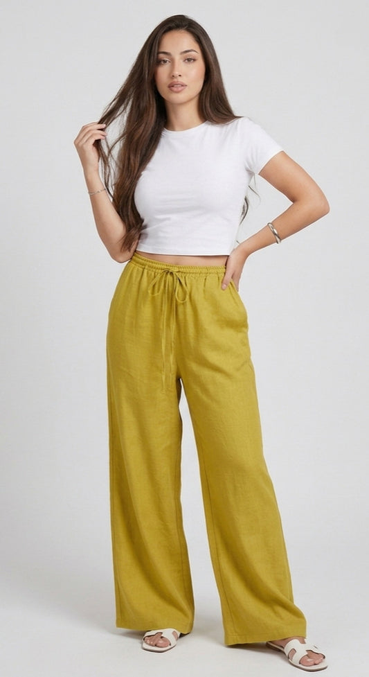 Pantalon Effet Lin Vert Kiwi