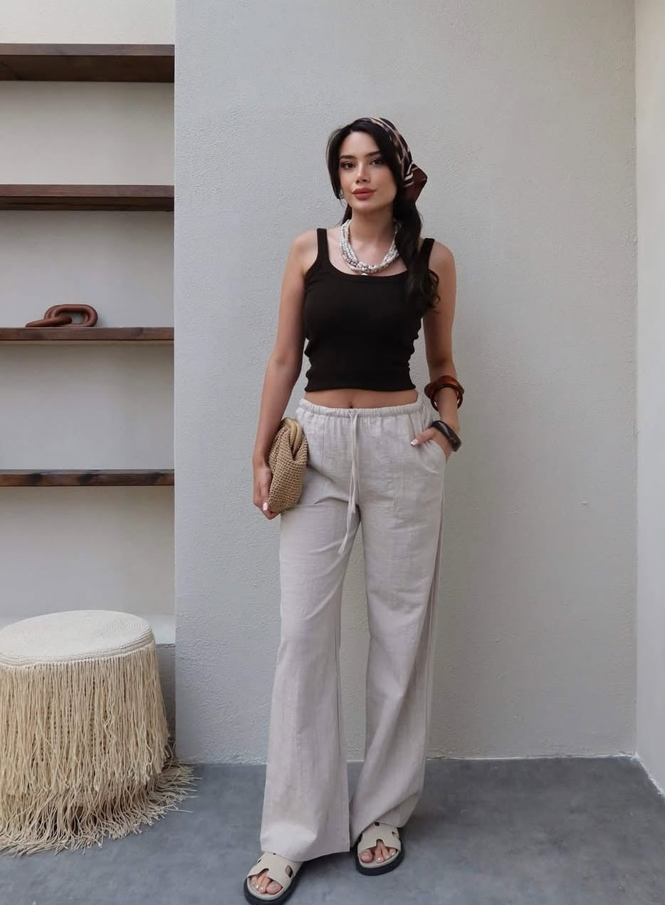 Pantalon effet lin Beige