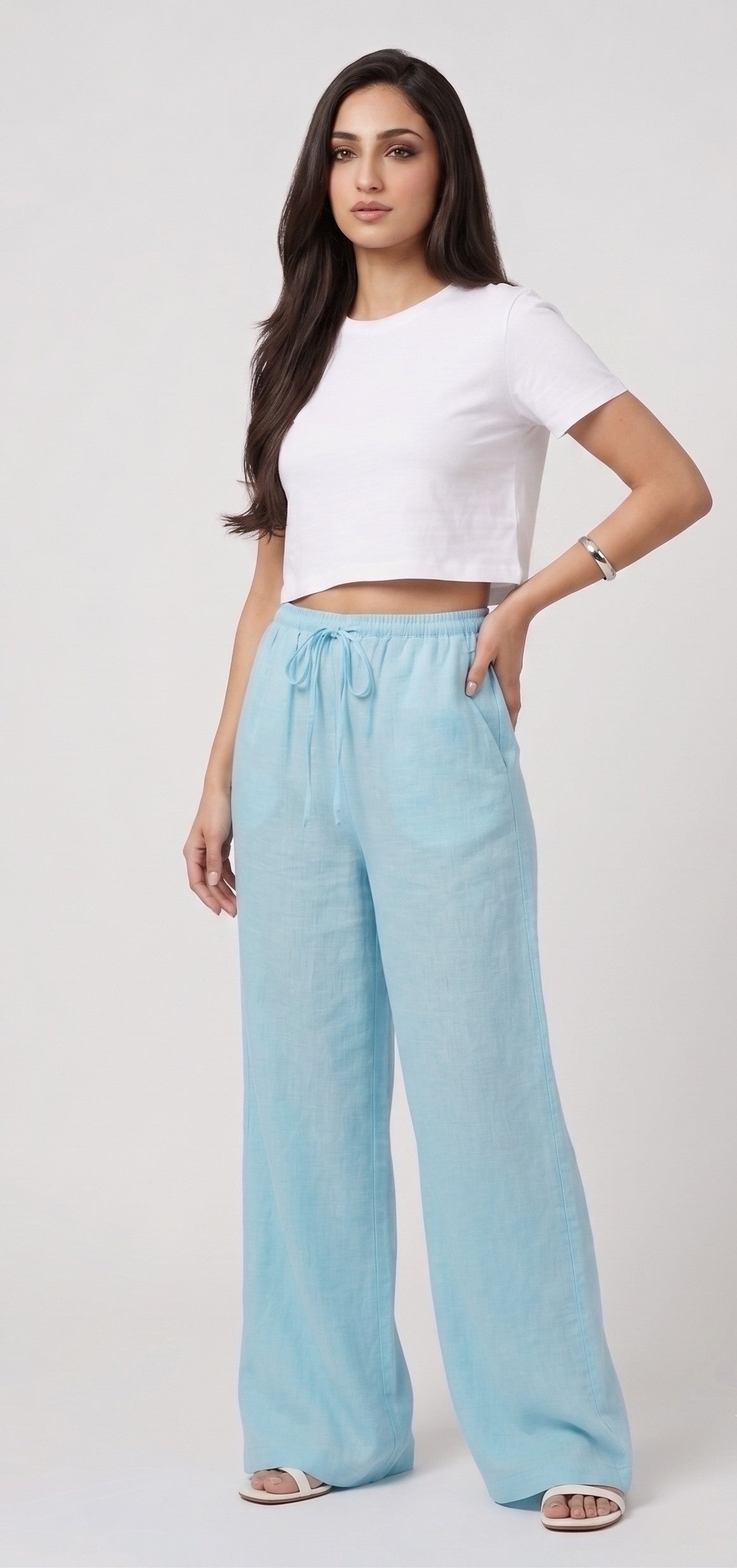 Pantalon Effet Lin Bleu Pastel