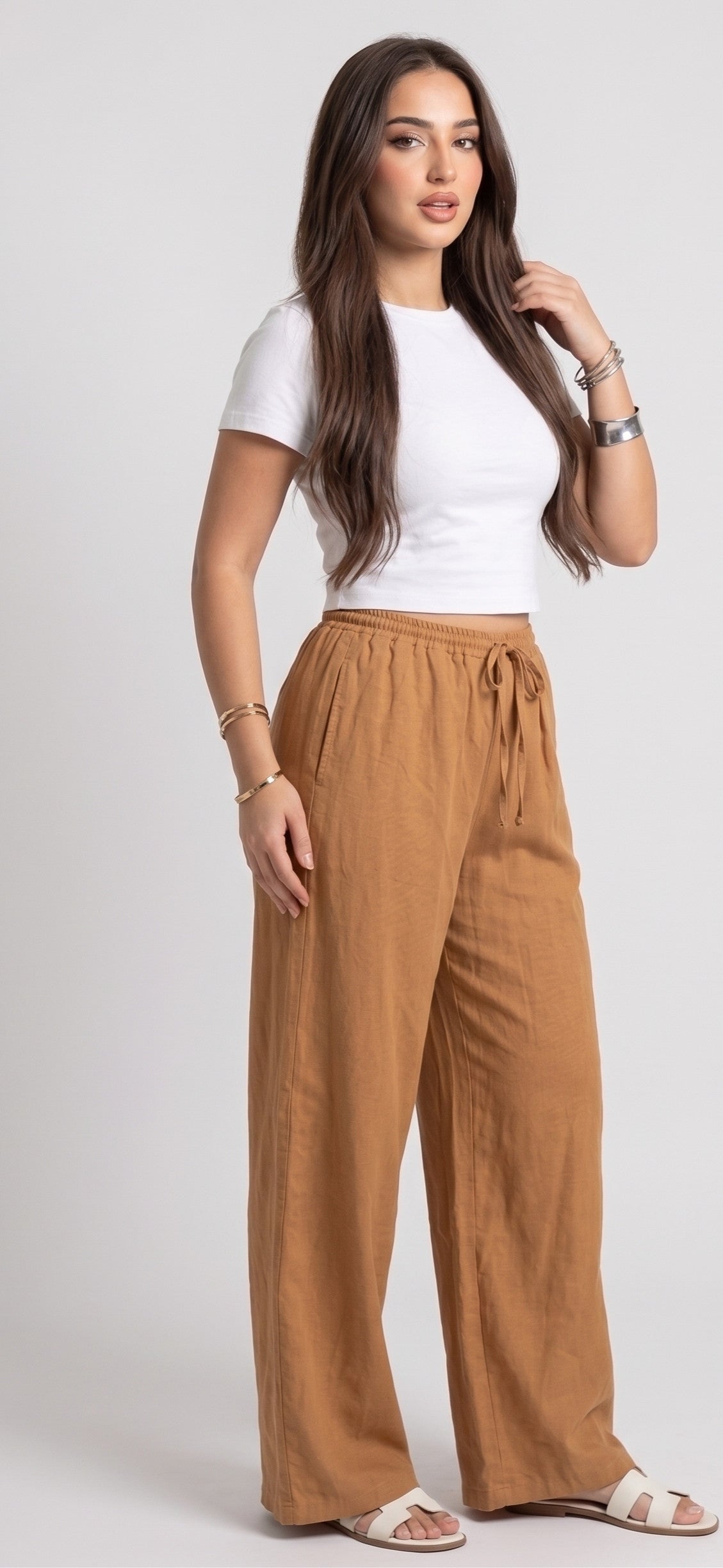 Pantalon Effet Lin Camel