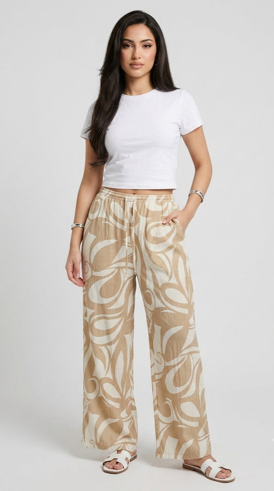 Pantalon Effet Lin Avec Motif Beige